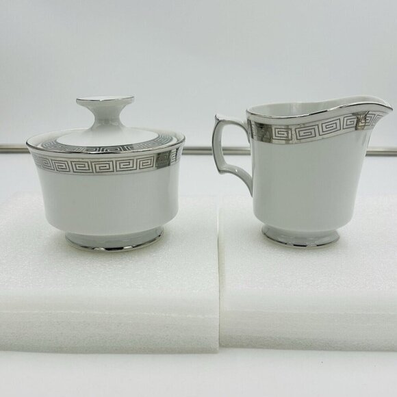 Harmony House Romaic Fine China Cream / Sugar Set Greek Key Platinum Rim 3671 - Picture 1 of 11